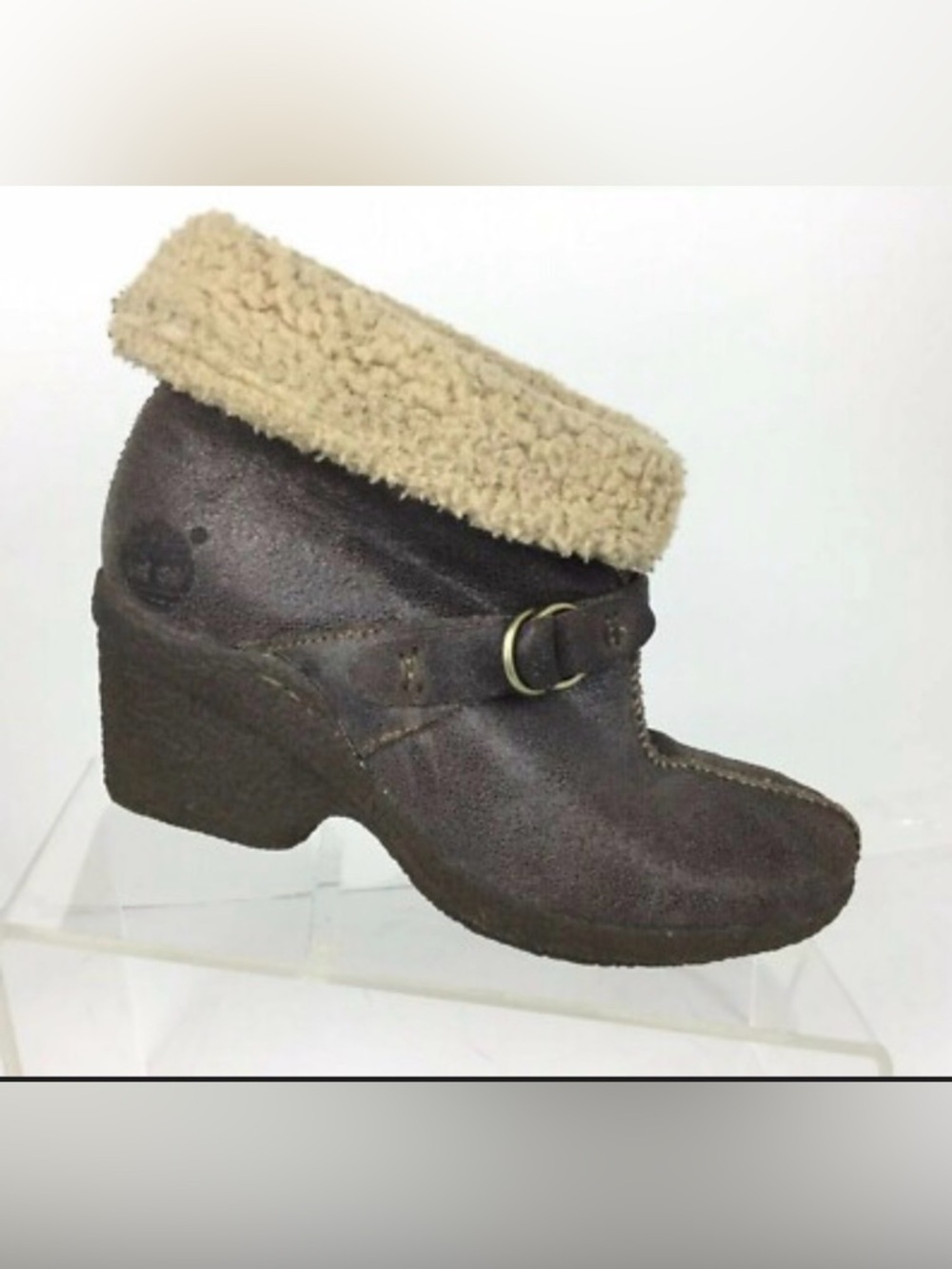 Timberland Earthkeeper Brown Wedge Ankle Boots with Cream Shearling Cuff